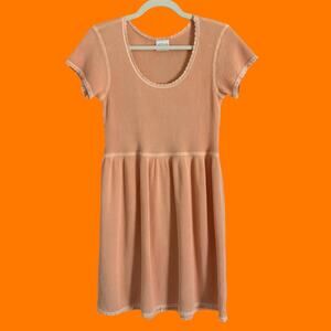 90's vintage peach waffle knit lace grunge babydoll mini dress SMALL moda int'l